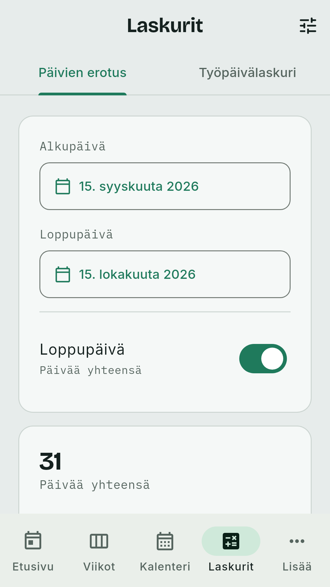 Päivien erotus -laskuri Viikkonro-sovelluksessa